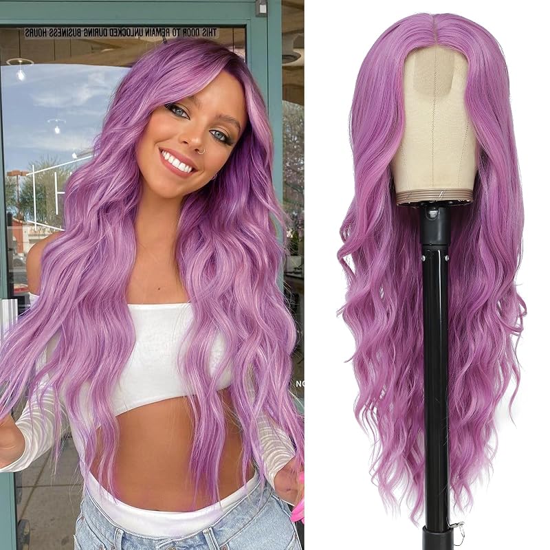NAYOO Purple Wig for Women, 26 Inch Middle Part Wavy Synthetic Wig