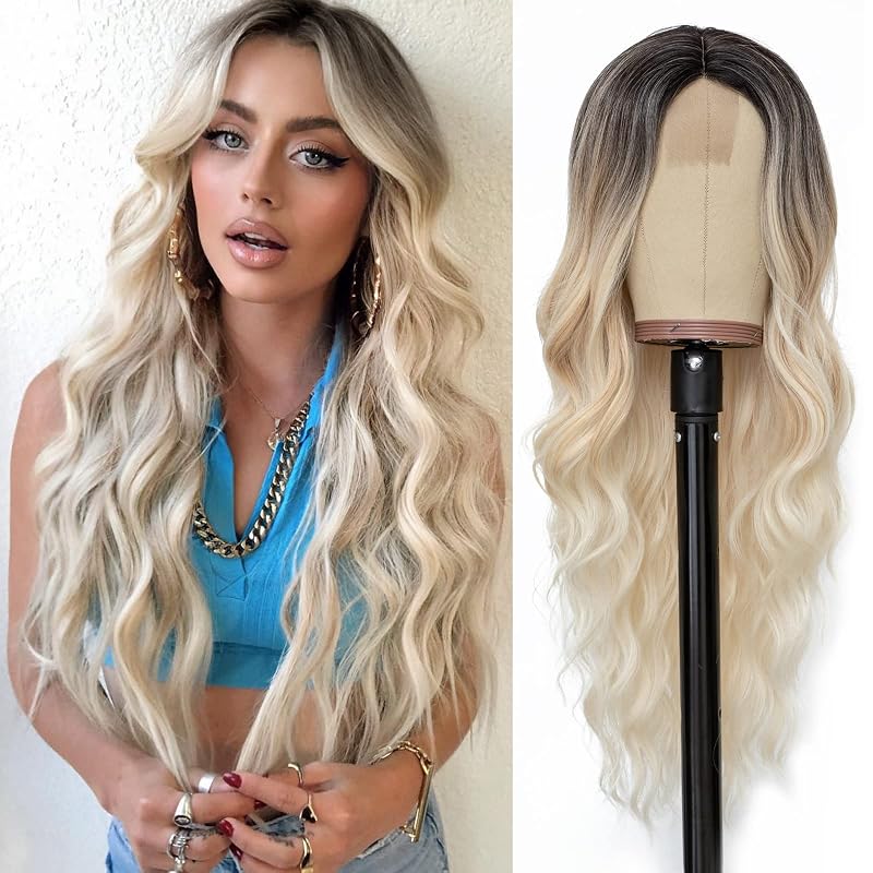 NAYOO Platinum Blonde Wig for Women, 26 Inch Synthetic Middle Part Wig