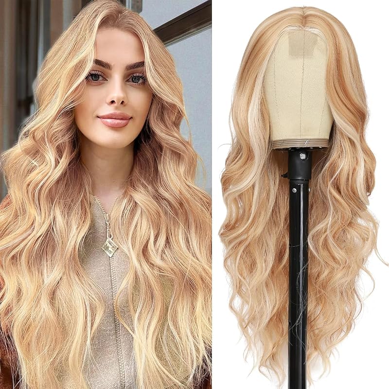 NAYOO Blonde Wig for Women, 26 Inch Middle Part Wavy Synthetic Wig