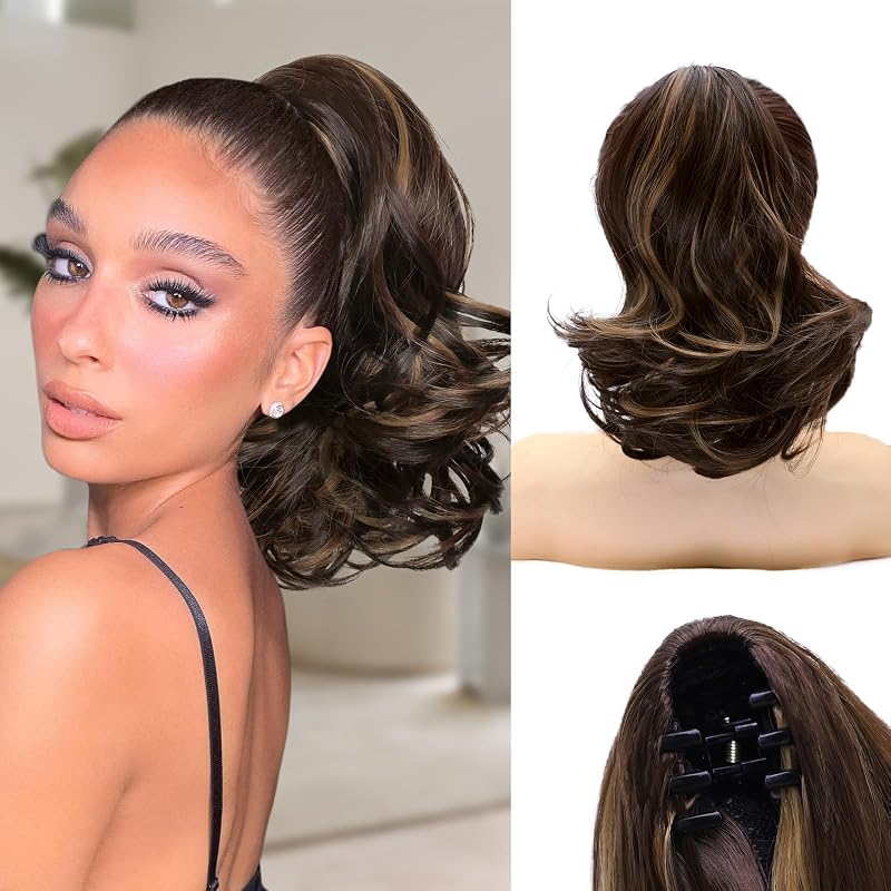 NAYOO Claw Clip Ponytail Extension Brown 12" Short Wavy Ponytail Clip in Hair Extensions for Women Curly Natural Layered Pony Tails for Short Thin Hair Synthetic Hairpiece(Dark Brown Mixed Chestnut)
