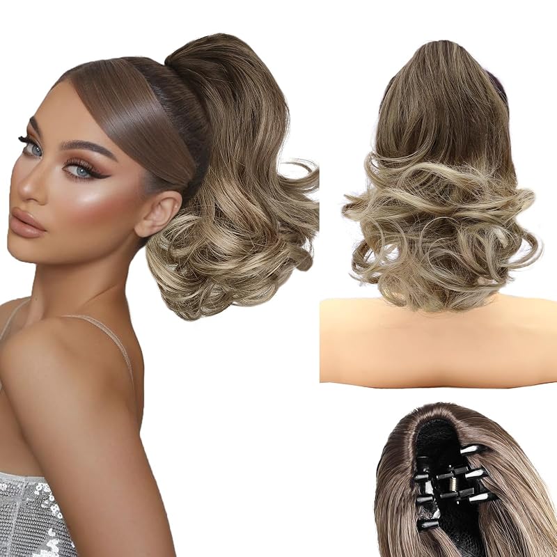 NAYOO Claw Clip Ponytail Extension Ombre Blonde 12" Short Wavy Ponytail Clip in Hair Extensions for Women Curly Natural Layered Pony Tails for Short Thin Hair Synthetic Hairpiece(Ombre Blonde)