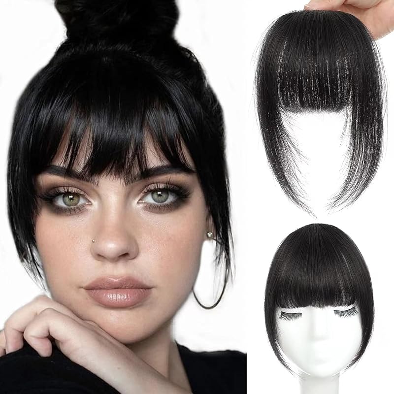 Clip In Bangs 100% Human Hair Bangs Clip In Hair Extensions Clip On Bangs French Clip In Bangs Real Human Hair Fake Bangs For Natural Hair(Brown Black and Natural Black)