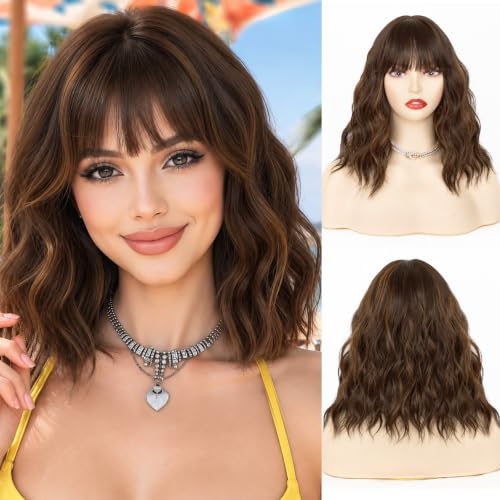NAYOO Dark Brown Highlight Wig with Bangs, 14 Inch Bob Wig with Bangs for Women, Shoulder Length Short Wig, Glueless Short Wig, Synthetic Hair Wig Cosplay Wig Girls Cosume Wigs