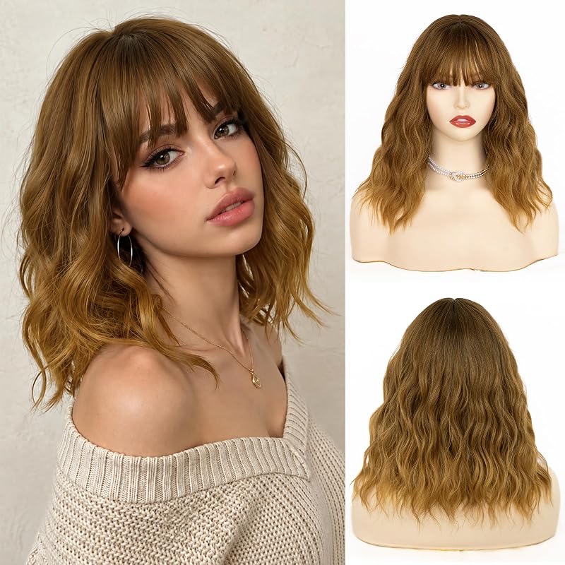NAYOO Caramel Brown Wig with Bangs, 14 Inch Bob Wig with Bangs for Women, Shoulder Length Short Wig, Synthetic Cosplay Wig Girls Cosume Wigs