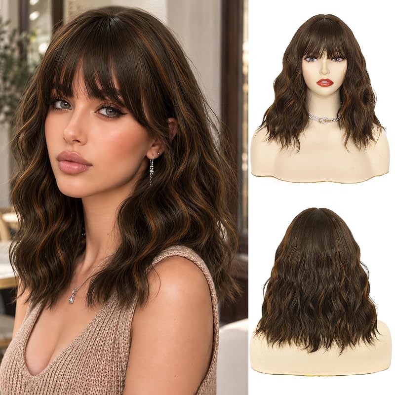 NAYOO Ombre Brown Highlight Wig with Bangs, 14 Inch Bob Wig with Bangs for Women, Shoulder Length Short Wig, Glueless Short Wig, Synthetic Hair Wig Cosplay Wig Girls Cosume Wigs