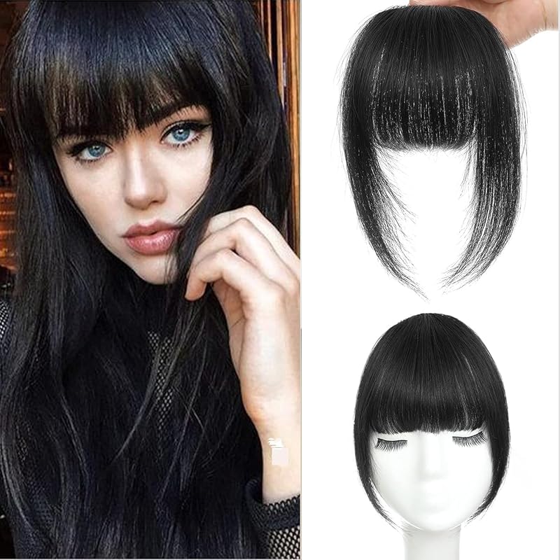 Clip In Bangs 100% Human Hair Bangs Clip In Hair Extensions Clip On Bangs French Clip In Bangs Real Human Hair Fake Bangs For Natural Hair(Natural Black and Brown Black)