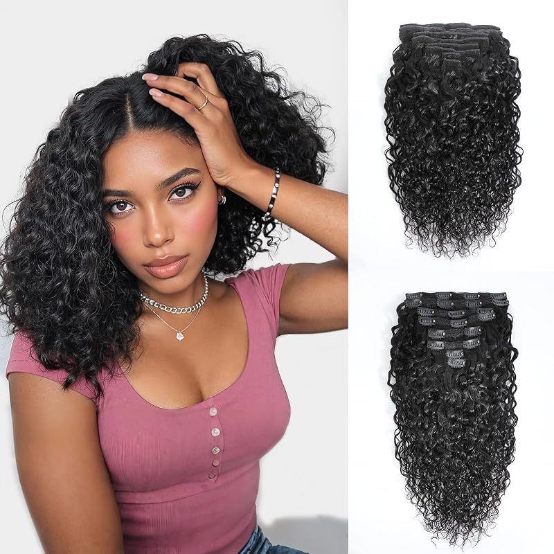 CindiRiver Curly Clip in Hair Extensions,Real Human Hair Water Wave Clip in Hair Extensions for Women,Remy Human Curly Clip ins Human Hair 8 Pcs with 20 Clips,14 inch