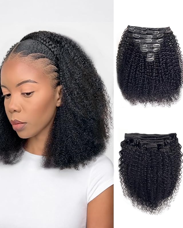 CindiRiver Clip in Hair Extensions,Real Human Hair Kinky Afro Clip in Hair Extensions for Women,Remy Human Unprocessed Curly Clip ins Human Hair 8 Pcs with 20 Clips,18 inch