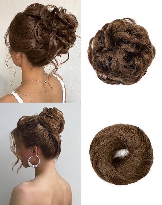 HSLHDI 2PCS Messy Bun Hair Piece-Large Wavy Curly & Donut Updo Hair Pieces Set, Scrunchies Synthetic Chignon Ponytail Extensions Thick Updo for Women(Light Brown)