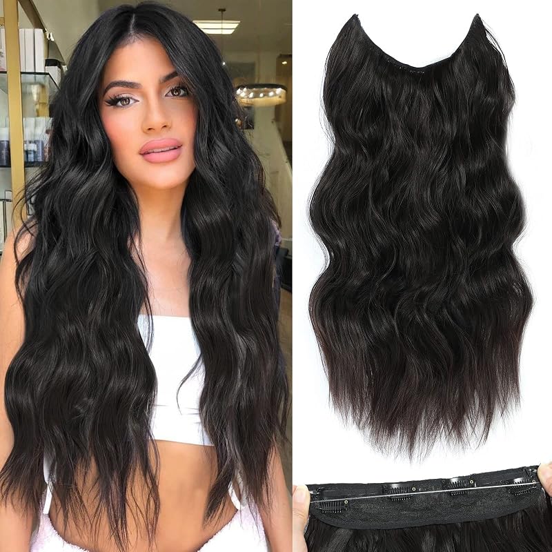 BUPPLER Halo Hair Extensions 20 Inch Invisible Wire Hair Extensions Adjustable Long Wavy Hairpiece Synthetic Upgrade 4 Secure Clips in Hairpieces 20 Inch,Jet Black to Brown