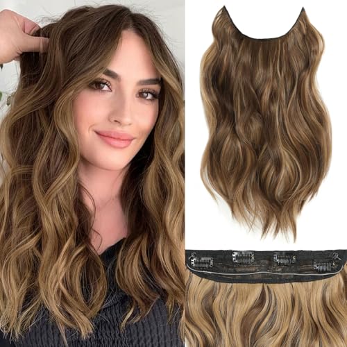 BUPPLER Halo Hair Extensions 16 Inch Invisible Wire Dark Brown Caramel