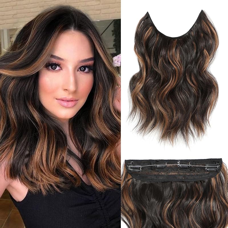 Halo Hair Extensions 12 Inch Invisible Wire Black Brown with highlights