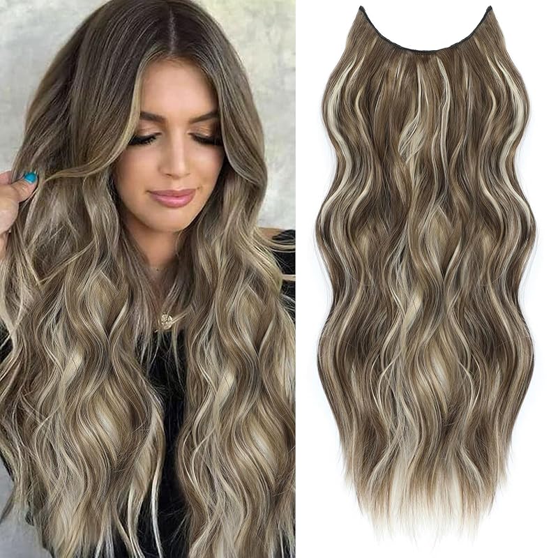 BUPPLER Halo Hair Extensions 24 Inch Invisible Wire Hair Extensions Adjustable Long Wavy Hairpiece Synthetic Upgrade 4 Secure Clips in Hairpieces 24 Inch,Medium Brown Mix Medium Blonde