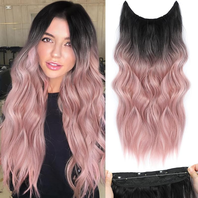 BUPPLER Halo Hair Extensions 20 Inch Invisible Wire Black Gray to Pink