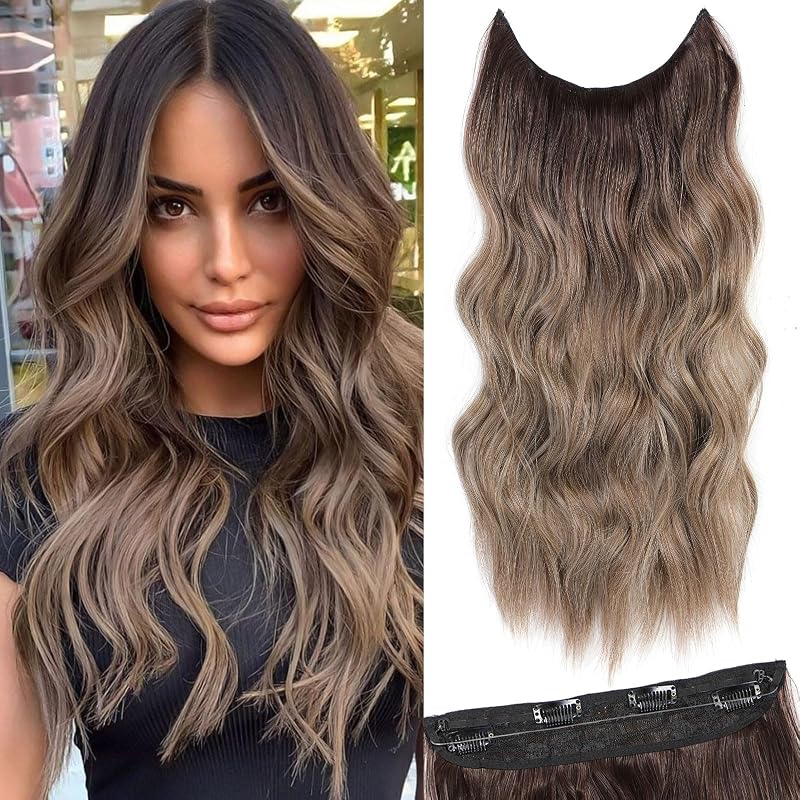BUPPLER Halo Hair Extensions 20 Inch Invisible Wire Dark Root Ash Blonde