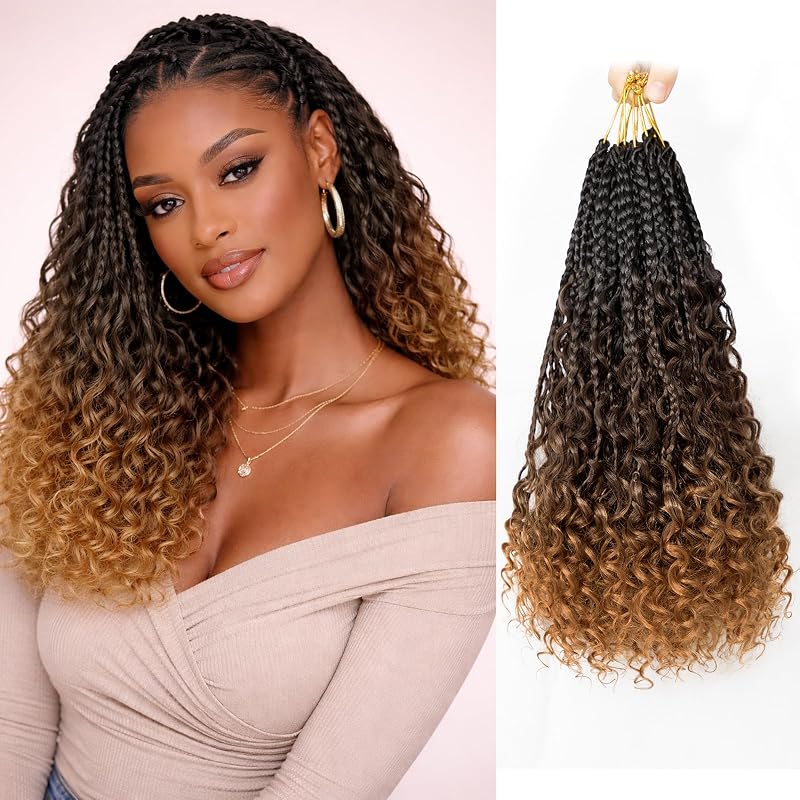 NAYOO Boho Box Braids Crochet Hair 14 Inch, 8 Packs Goddess Box Braids Crochet Hair with Curly Ends, Pre Looped Bohemian Crochet Braids, Natural Ombre 1B/4/30 Synthetic Hair for Black Women