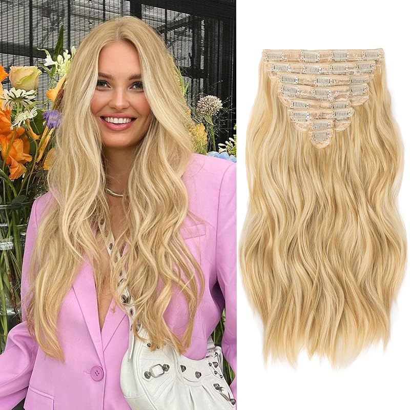 Clip in Hair Extensions for Women, 8PCS 16 Inch Wavy Honey Blonde Mix Beach Blonde Hair Extensions Clip Ins, Synthetic Hairpieces for Women