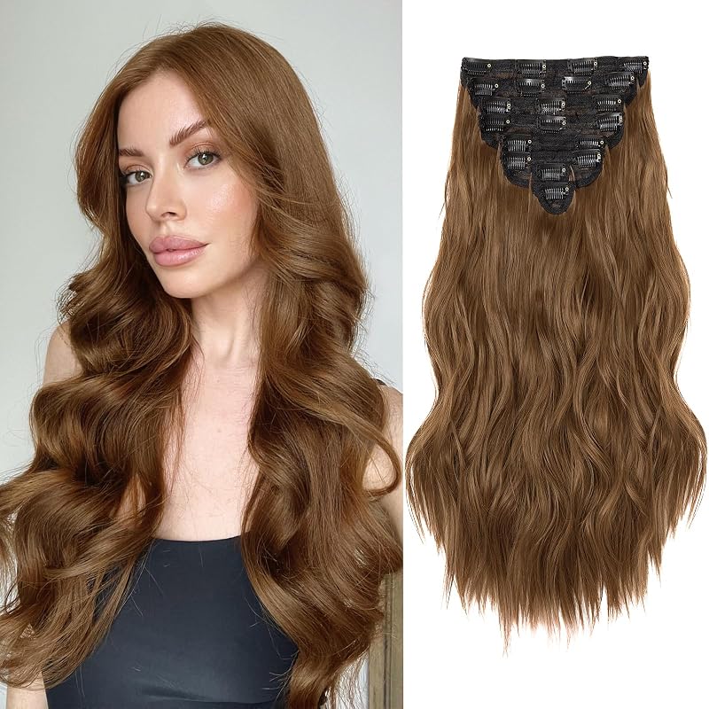 Clip in Hair Extensions for Women, 20 Inch Medium Brown Hair Extensions Clip Ins Wavy Curly, 8PCS Synthetic Clip in Extensions for Women, Invisible Lace Weft Hair Extension