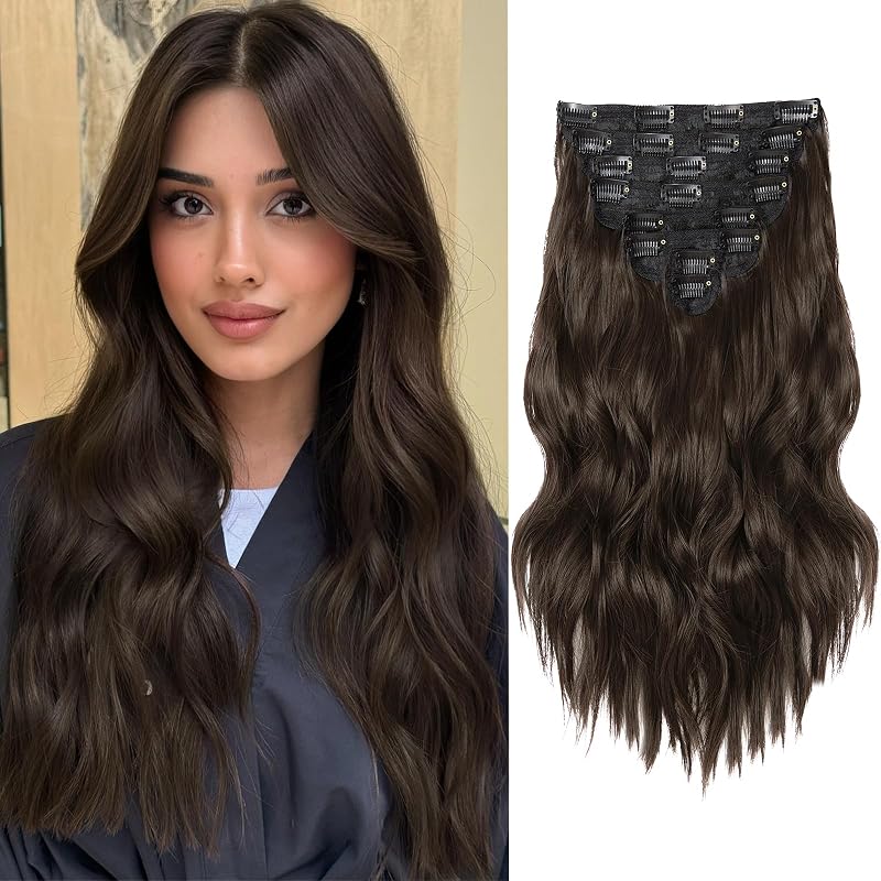 Hair Extensions for Women, 8PCS 16 Inch Dark Brown Clip in Hair Extensions, Synthetic Long Wavy Hairpieces for Women Full Head Thick