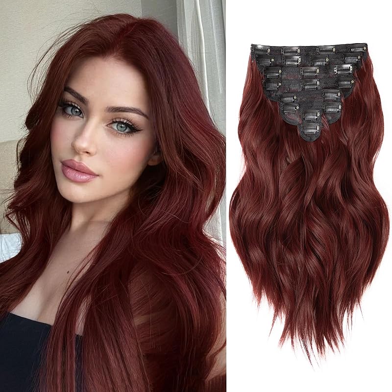 Hair Extensions Clip Ins, 16 Inch 8PCS Red Curly Clip in Hair Extensions Wavy, Synthetic Hairpieces for Women, Invisible Lace Weft Hair Extension