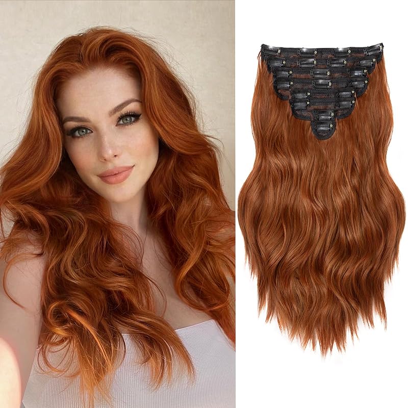 Clip in Hair Extensions for Women, 16 Inch Wavy Copper Hair Extensions Clip Ins, 8PCS Synthetic Curly Hairpieces for Women DailyParty Use
