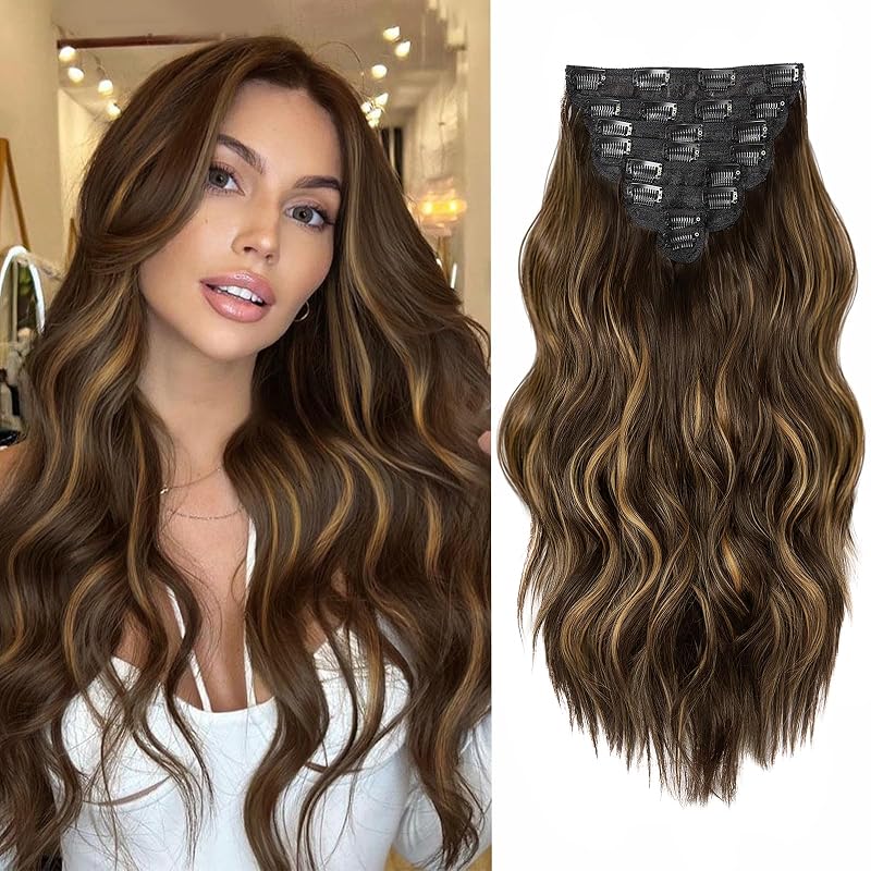 Hair Extensions for Women, 8PCS 20Inch Dark Brown Curly Clip in Hair Extensions Mix Blonde, Synthetic Long Wavy Clip Ins, Full Head Thick Hairpieces for Women