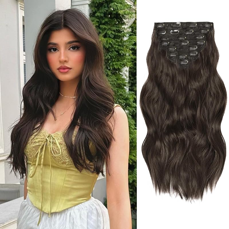 Clip in Hair Extensions for Women, 20 Inch Dark Brown Hair Extensions Clip Ins Wavy Curly, 8PCS Synthetic Airy and breathable Hairpieces for Women