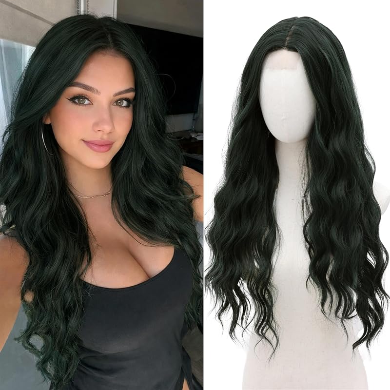 Cosplay Long Dark Green Wig 28 Inch Middle Part Synthetic Wigs for Women