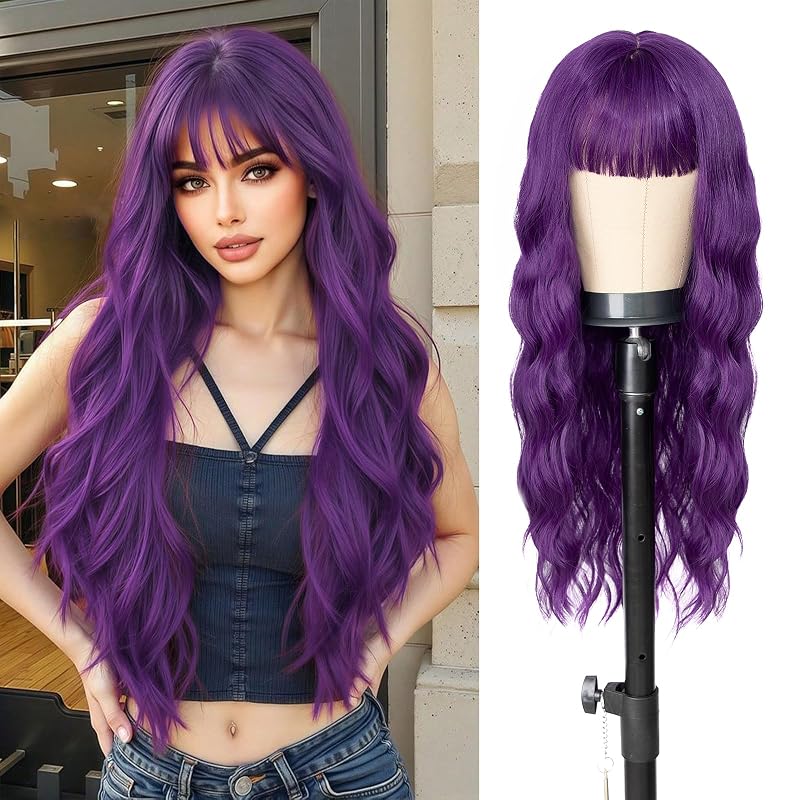 ENTRANCED STYLES Purple Wigs for Women,Dark Purple Wig with Bangs Long Purple Wig Synthetic Fiber Womens Wavy Wigs Long Curly Wig for Daily Cosplay Party