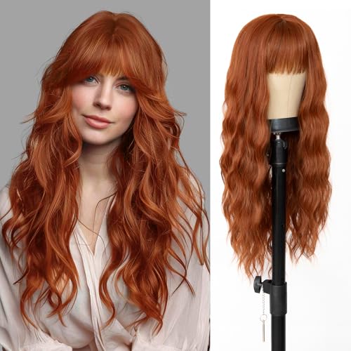 ENTRANCED STYLES Auburn Wigs for Women,Copper Red Wig,Auburn Wig with Bangs Synthetic Fiber Womens Wavy Wigs Long Curly Wig for Daily Cosplay Party