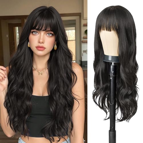 AISI QUEENS Black Wig for White Women,Synthetic Wig Black Wig with Bangs 26 Inch Long Natural Looking Wavy Wig for Cosply Daily Party Use
