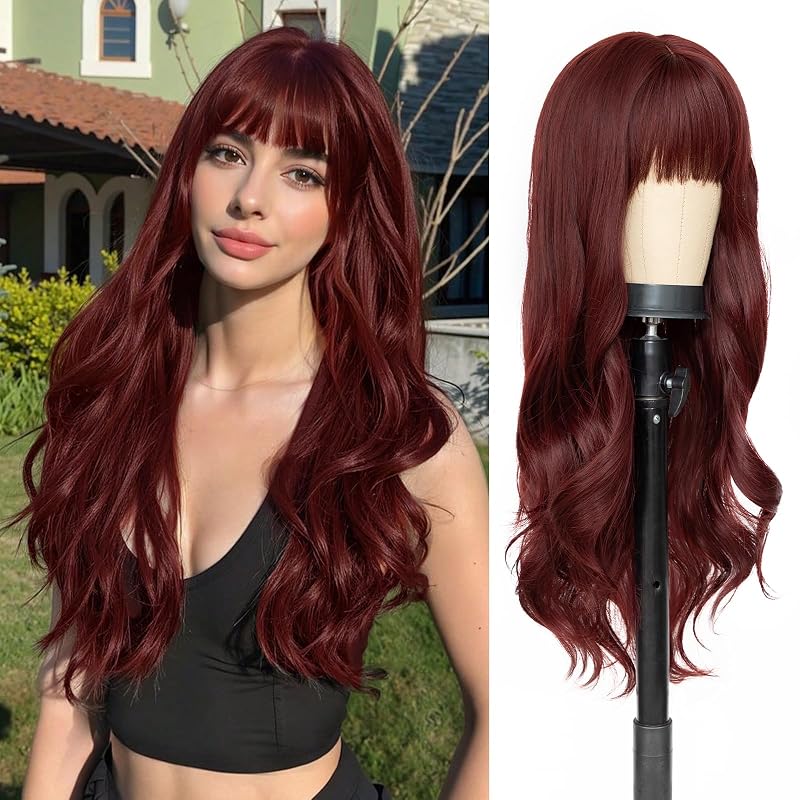 AISI QUEENS Wine Red Wigs for Women,Dark Red Wig with Bangs Long Red Wig Synthetic Fiber Womens Wavy Wigs Long Curly Wig for Daily Party Halloween Use