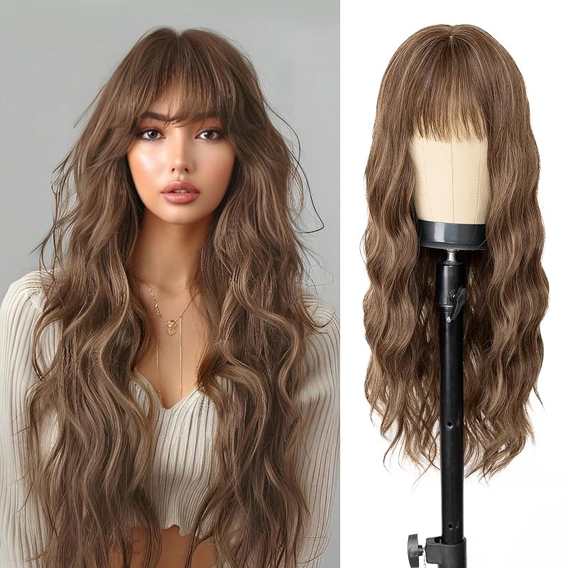 ENTRANCED STYLES Brown Wig with Bangs, Long Wavy Brown Wigs for Women Highlighted Wig Wavy Synthetic Heat Resistant Wigs for Halloween Cosplay Daily Party