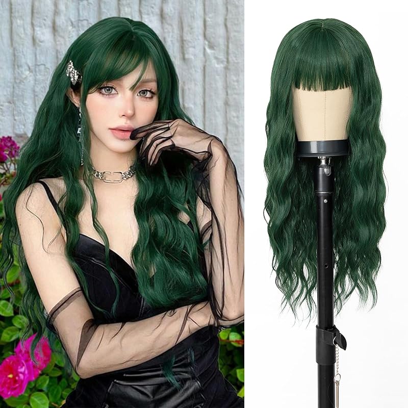 ENTRANCED STYLES Green Wigs for Women,Long Green Wig with Bangs,Synthetic Heat Resistant Fiber Wig Womens Wavy Wigs Long Curly Wig for Daily Cosplay Party