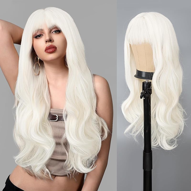 AISI QUEENS White Wigs for Women,Long Wavy Wig White Wig with Bangs Synthetic Heat Resistant for Halloween Cosplay Daily Party