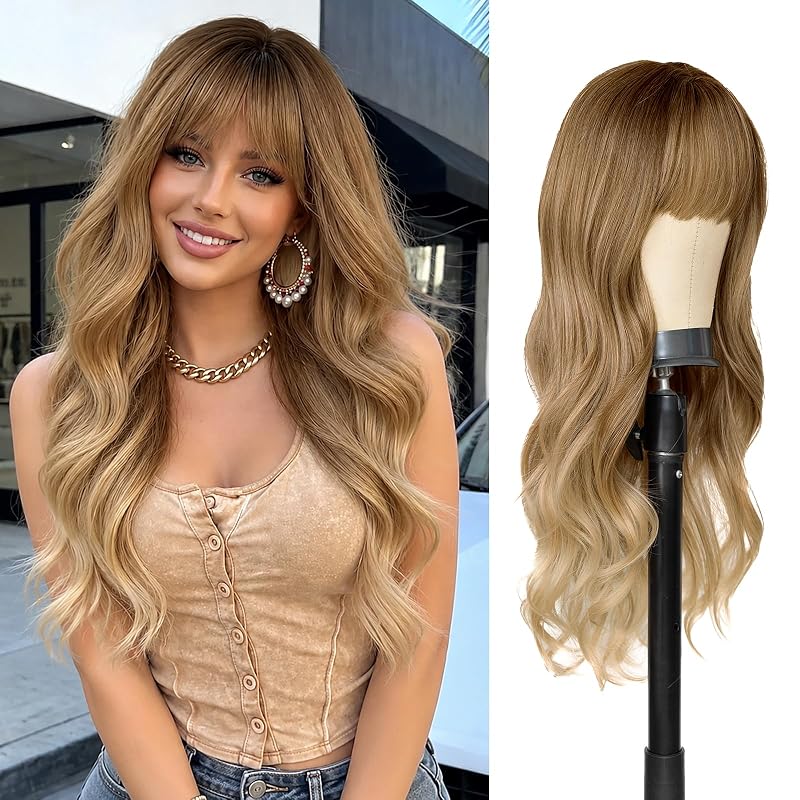 AISI QUEENS Blonde Wig for White Women Ombre Blonde Wig with Bangs Synthetic Fiber Long Wavy Wig for Daily Party Cosplay Use(26inch ombre blonde)