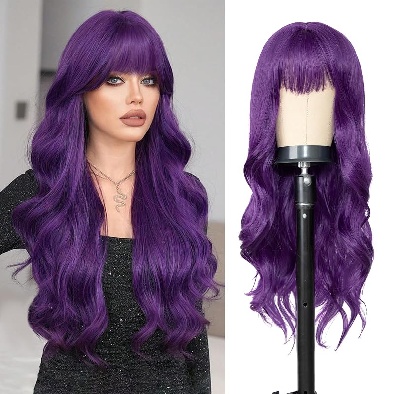 AISI QUEENS Dark Purple Wigs for Women,Purple Wig with Bangs Long Purple Curly Wig 26 Inch Natural Looking Wavy Synthetic Heat Resistant Wig for Daily Party Cosplay Use