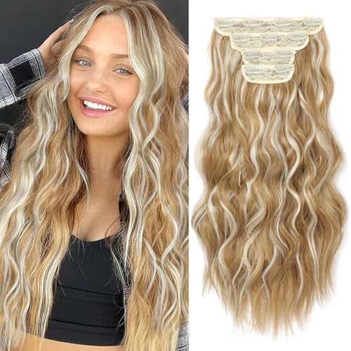 20” Blonde Clip in Hair Extensions Long Wavy Synthetic Extensions for Women