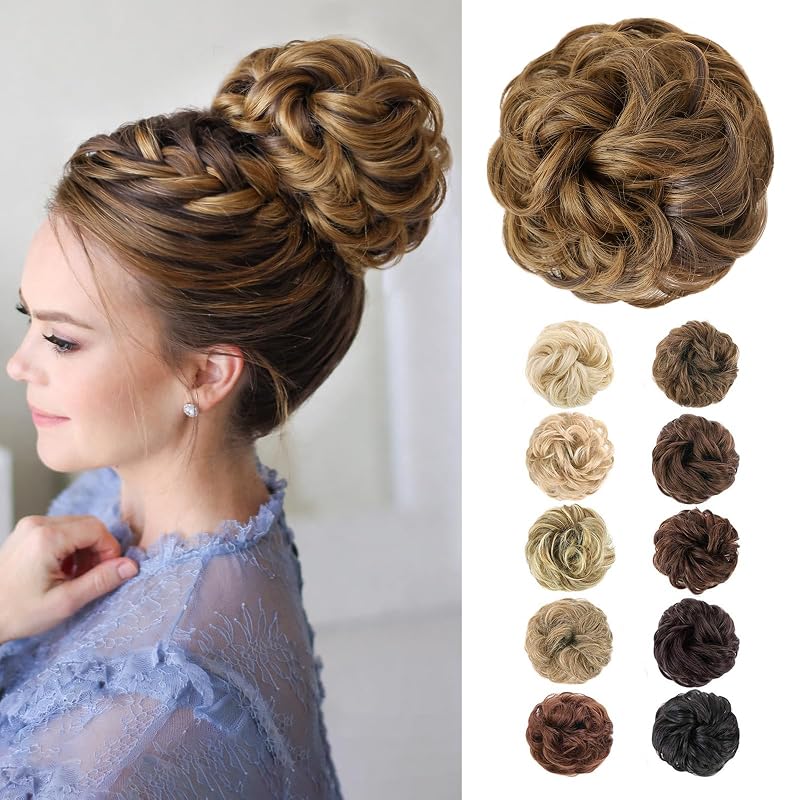 MORICA 1PCS Messy Bun Hair Piece for Women,Dark Brown & Caramel Blonde