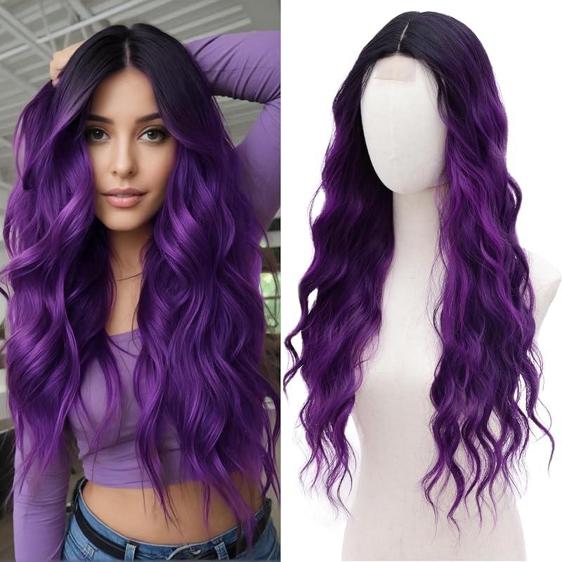 Cosplay Long Black Purple Wig 28 Inch Middle Part Synthetic Wigs for Women