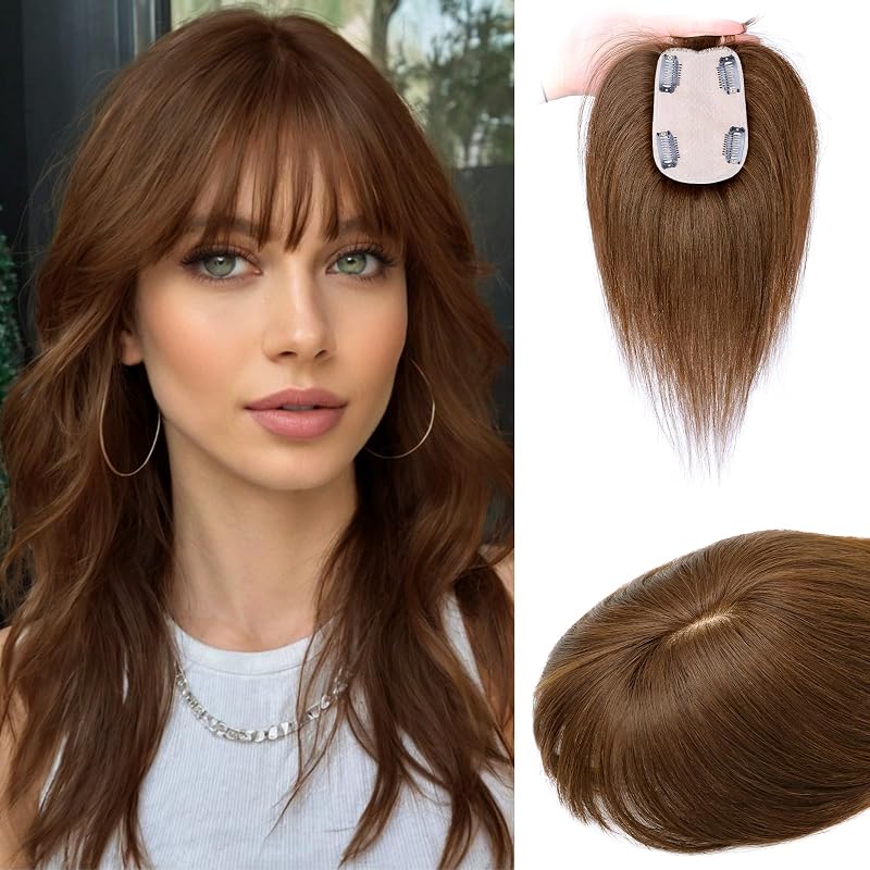 MOSINA Hair Toppers for Women Real Human Hair Toppers for Women with Thinning Hair 360°Cover Human Hair Toppers with Bangs(Mediun Brown)