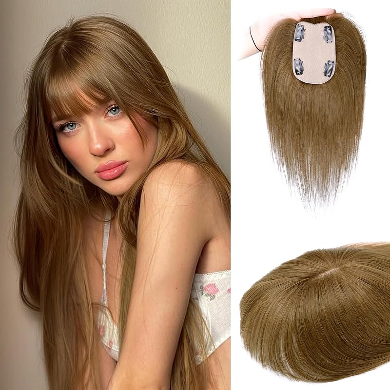 MOSINA Hair Toppers for Women Real Human Hair Toppers for Women with Thinning Hair 360°Cover Human Hair Topper Hair Pieces(Light Brown)