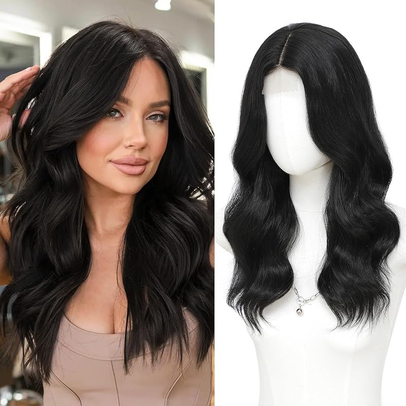 MORICA Black Wigs for Women, 18 Inch Wavy Middle Part Synthetic Wig