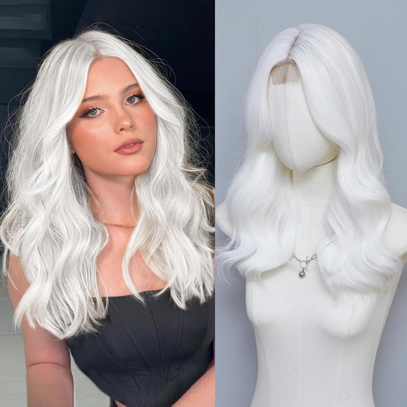 MORICA White Wigs for Women, 18 Inch Wavy Middle Part Synthetic Wig