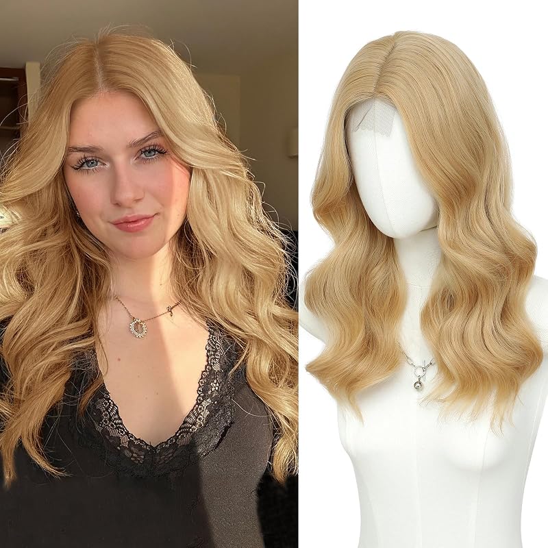 MORICA Honey Blonde Wigs for Women, 18 Inch Wavy Middle Part Synthetic Wig