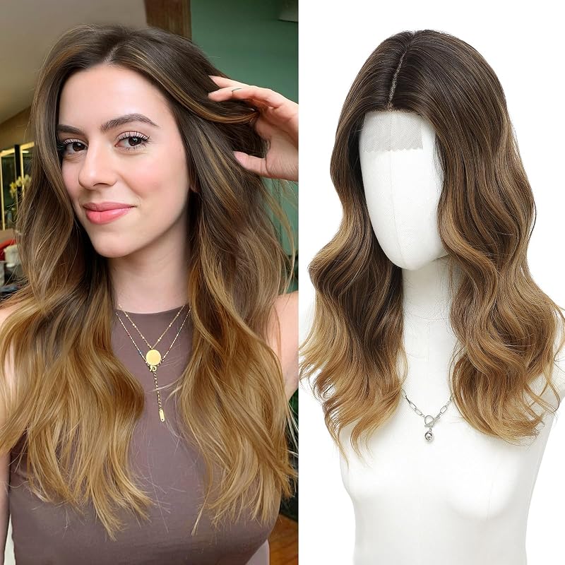 MORICA Ombre Brown Wigs for Women, 18 Inch Wavy Middle Part Synthetic Wig
