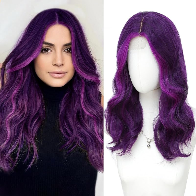 MORICA Purple Wigs for Women, 18 Inch Wavy Middle Part Synthetic Wig
