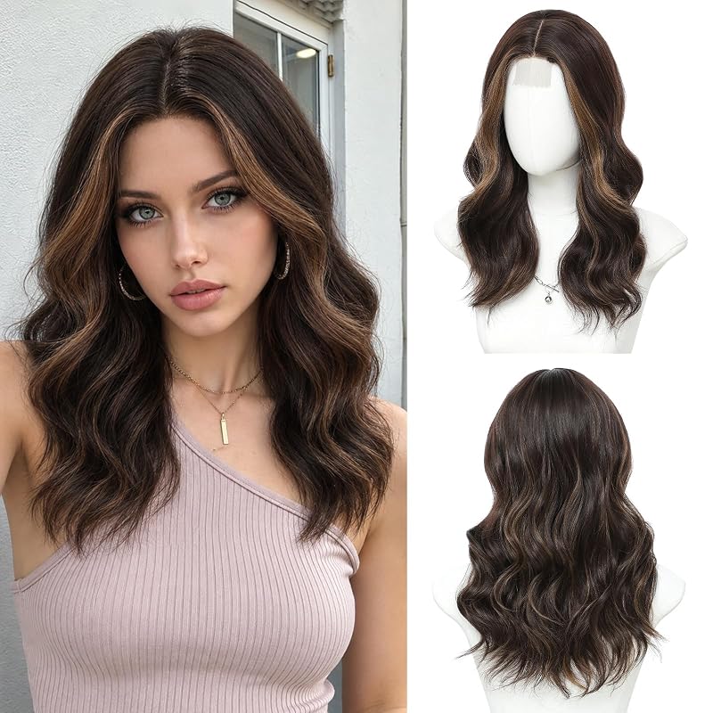 Brown Highlight Wig for Women, 18 Inch Middle Part Wavy Synthetic Wig