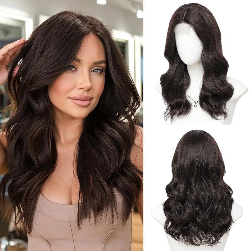 Dark Brown Wig for Women, 18 Inch Middle Part Wavy Synthetic Wig