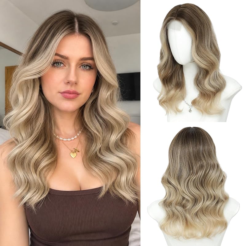 Ombre Blonde Wig for Women, 18 Inch Wavy Middle Part Synthetic Wig